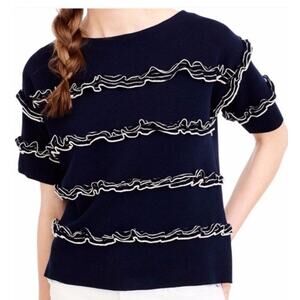 J.Crew Top Women's XXS Navy Ruffles Short Sleeve Boatneck 100% Cotton Nautical